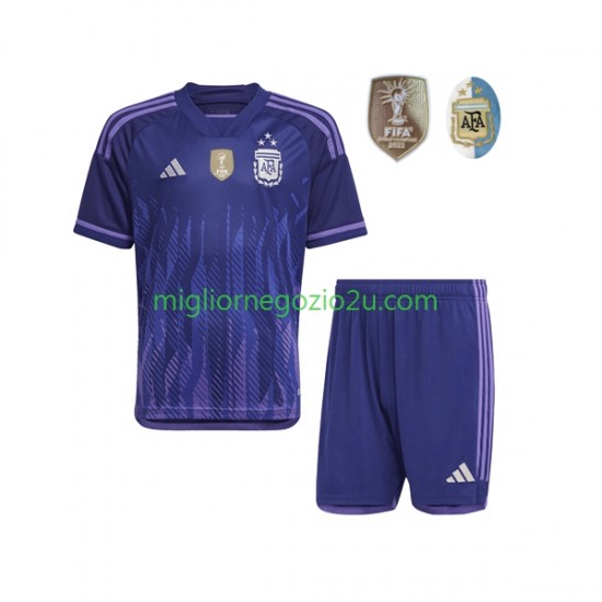 Maglia Argentina 3 Stars Bambino Trasferta Divisa Mondiali 2022 Manica Corta