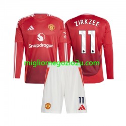 Maglia Manchester United Joshua Zirkzee 11 Bambino Casa Divisa 2024-2025 Manica Lunga