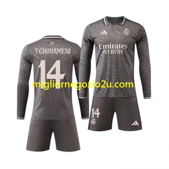 Maglia Real Madrid Tchouameni 14 Bambino Trasferta Divisa 2024-2025 Manica Lunga