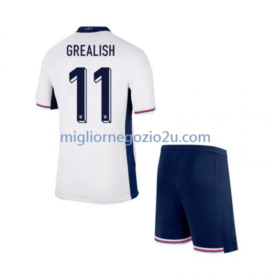Maglia Inghilterra Jack Grealish Bambino Casa Divisa Euro 2024 Manica Corta