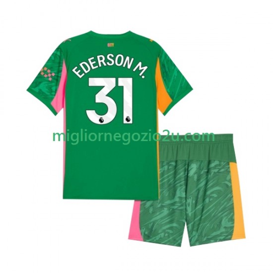 Maglia Manchester City Ederson Moraes 31 Portiere Bambino Casa Divisa 2025-2026 Manica Corta