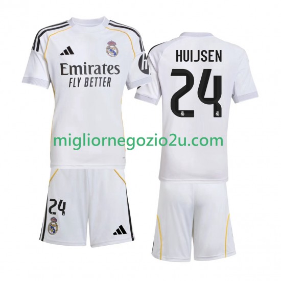 Maglia Real Madrid Huijsen 24 Bambino Casa Divisa 2025-2026 Manica Corta