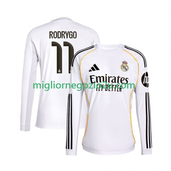 Maglia Real Madrid Rodrygo 11 Uomo Casa Divisa 2025-2026 Manica Lunga
