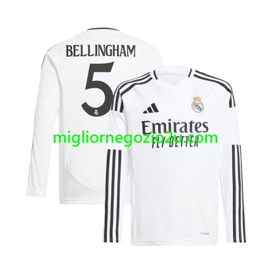 Maglia Real Madrid Jude Bellingham 5 Uomo Casa Divisa 2024-2025 Manica Lunga