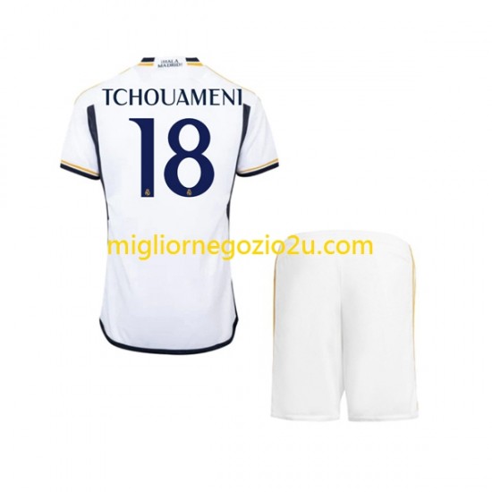 Maglia Real Madrid TCHOUAMENI 18 Bambino Casa Divisa 2023-2024 Manica Corta