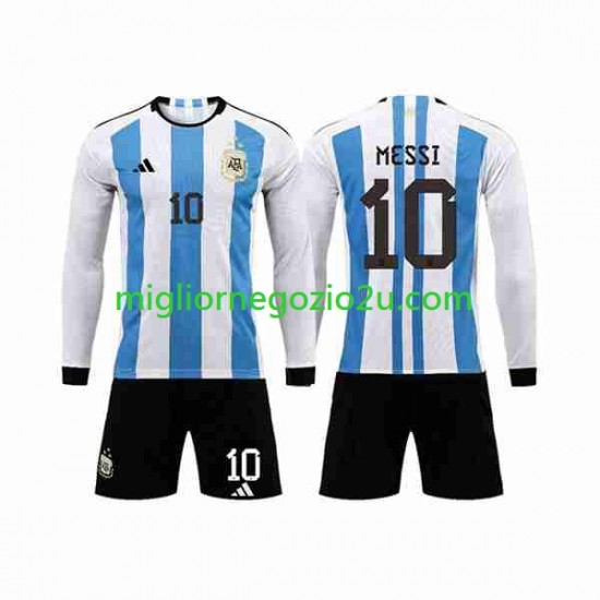 Maglia Argentina 3 Stars Lionel Messi 10 Bambino Casa Divisa Mondiali 2022 Manica Lunga