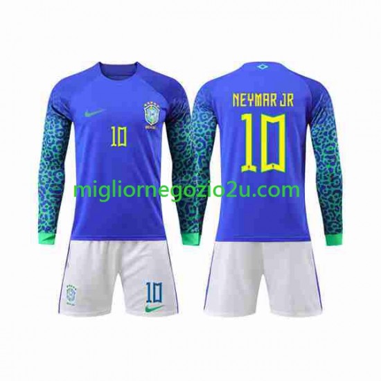 Maglia Brasile Neymar Jr 10 Bambino Trasferta Divisa Mondiali 2022 Manica Lunga