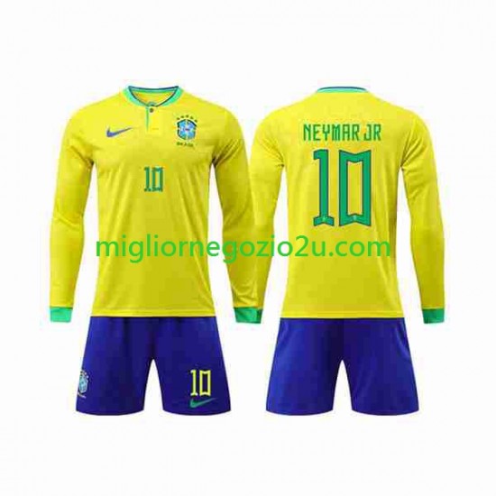 Maglia Brasile Neymar Jr 10 Bambino Casa Divisa Mondiali 2022 Manica Lunga