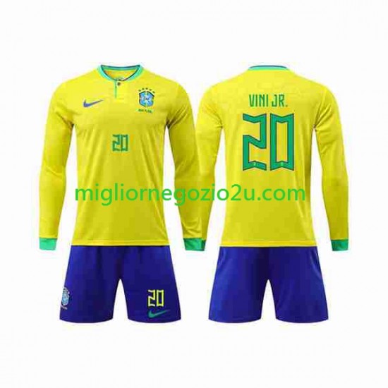 Maglia Brasile Vinicius Junior 20 Bambino Casa Divisa Mondiali 2022 Manica Lunga