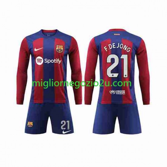 Maglia FC Barcelona Frenkie de Jong 21 Bambino Casa Divisa 2023-2024 Manica Lunga