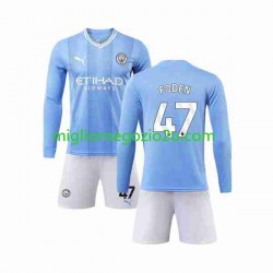 Maglia Manchester City Phil Foden 47 Bambino Casa Divisa 2023-2024 Manica Lunga