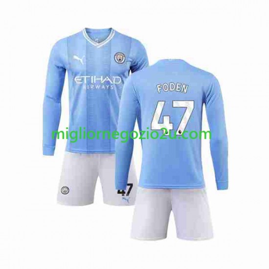 Maglia Manchester City Phil Foden 47 Bambino Casa Divisa 2023-2024 Manica Lunga