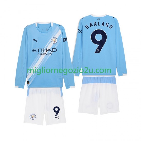 Maglia Manchester City Erling Haaland 9 Bambino Casa Divisa 2025-2026 Manica Lunga