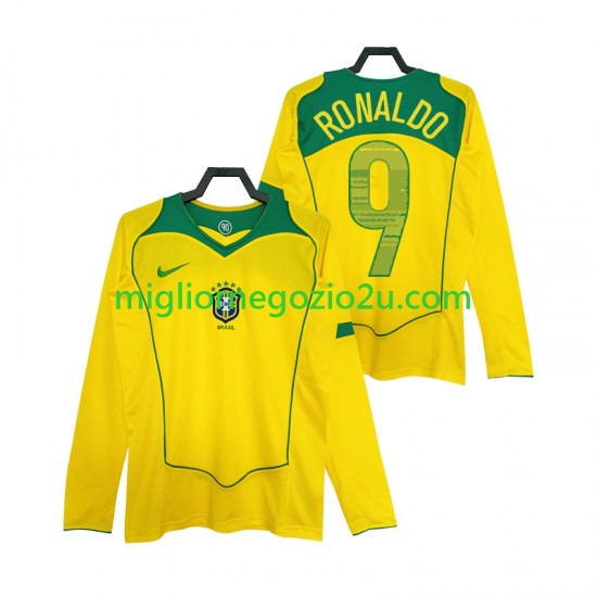 Maglia Brasile RONALDO 9 Retro Uomo Casa Divisa 2004 Manica Lunga