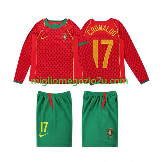 Maglia Portogallo Cristiano Ronaldo 17 Retro Bambino Casa Divisa 2004 Manica Lunga