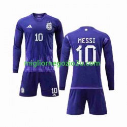 Maglia Argentina 3 Stars Lionel Messi 10 Bambino Trasferta Divisa Mondiali 2022 Manica Lunga