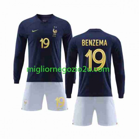 Maglia Francia Benzema 19 Bambino Casa Divisa Mondiali 2022 Manica Lunga