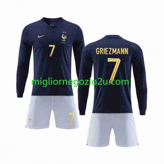 Maglia Francia Griezmann 7 Bambino Casa Divisa Mondiali 2022 Manica Lunga