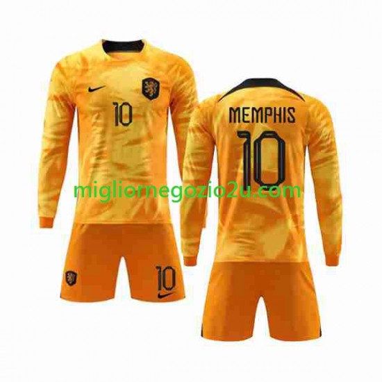 Maglia Paesi Bassi Memphis 10 Bambino Casa Divisa Mondiali 2022 Manica Lunga