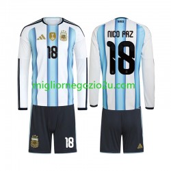 Maglia Argentina Nico Paz 18 Bambino Casa Divisa Mondiali 2026 Manica Lunga
