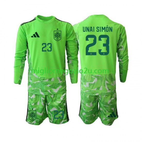 Maglia Spagna Unai Simon 23 6th Green color Portiere Bambino Mondiali 2026 Manica Lunga