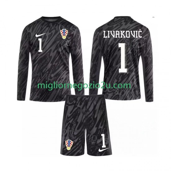 Maglia Croazia DOMINIK LIVAKOVIC 1 Portiere Bambino Terza Divisa 2024 Manica Lunga