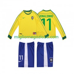 Maglia Brasile RONALDINHO 11 Retro Bambino Casa Divisa 1998 Manica Lunga