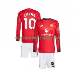 Maglia Manchester United Matheus Cunha 10 Bambino Casa Divisa 2025-2026 Manica Lunga