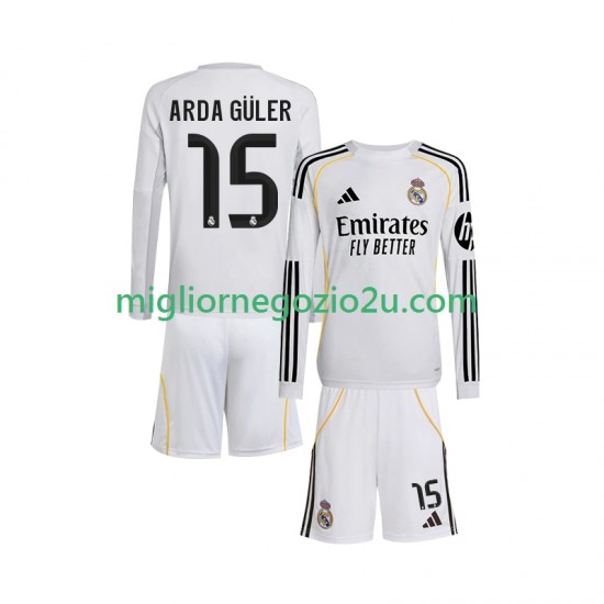 Maglia Real Madrid Arda Guler 15 Bambino Casa Divisa 2025-2026 Manica Lunga