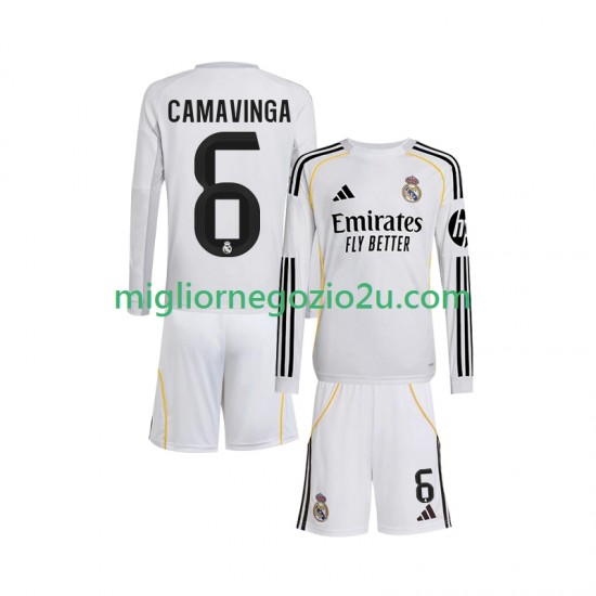 Maglia Real Madrid Camavinga 6 Bambino Casa Divisa 2025-2026 Manica Lunga