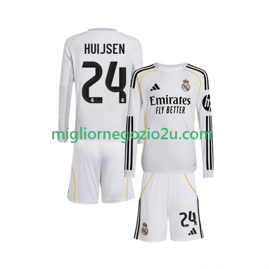 Maglia Real Madrid Huijsen 24 Bambino Casa Divisa 2025-2026 Manica Lunga