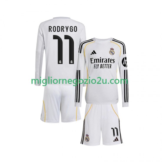 Maglia Real Madrid Rodrygo 11 Bambino Casa Divisa 2025-2026 Manica Lunga