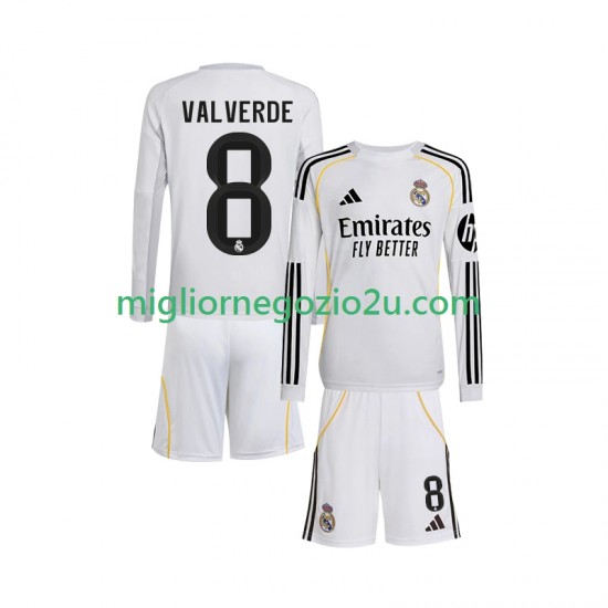 Maglia Real Madrid Valverde 8 Bambino Casa Divisa 2025-2026 Manica Lunga
