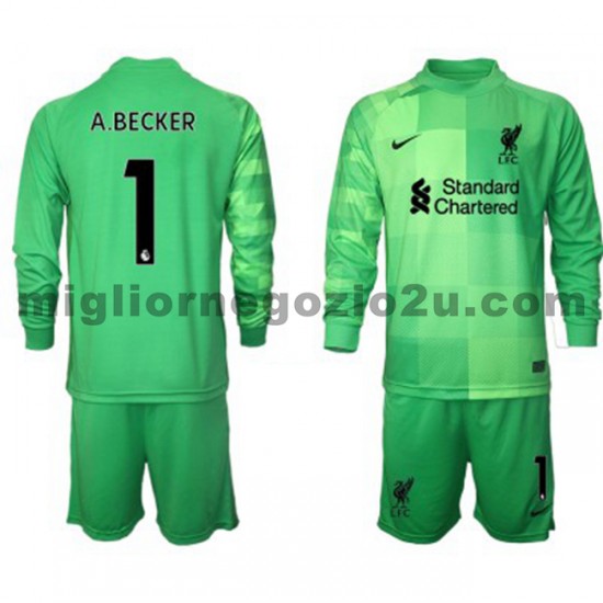 Maglia Liverpool Portiere Alisson Becker 1 Bambino Casa Divisa 2021-2022 Manica Lunga