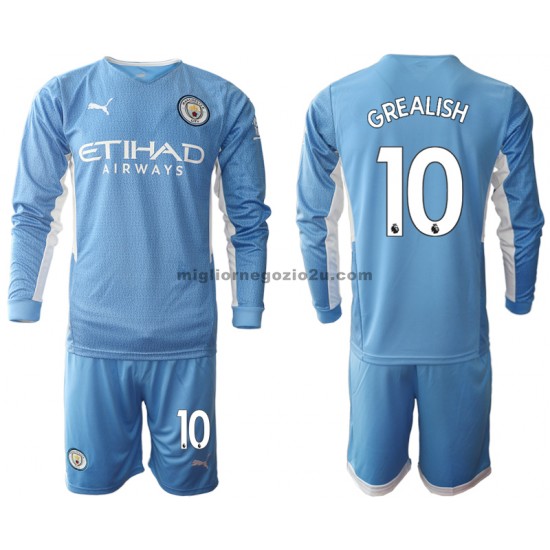Maglia Manchester City Jack Grealish 10 Bambino Casa Divisa 2021-2022 Manica Lunga