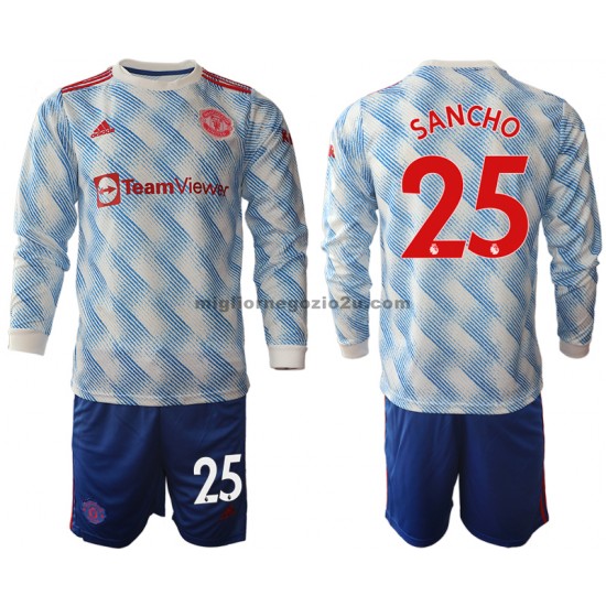 Maglia Manchester United Jadon Sancho 25 Bambino Trasferta Divisa 2021-2022 Manica Lunga