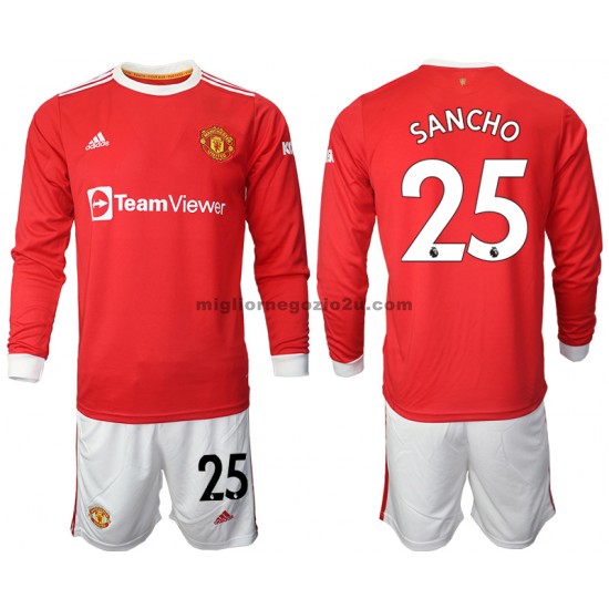 Maglia Manchester United Jadon Sancho 25 Bambino Casa Divisa 2021-2022 Manica Lunga
