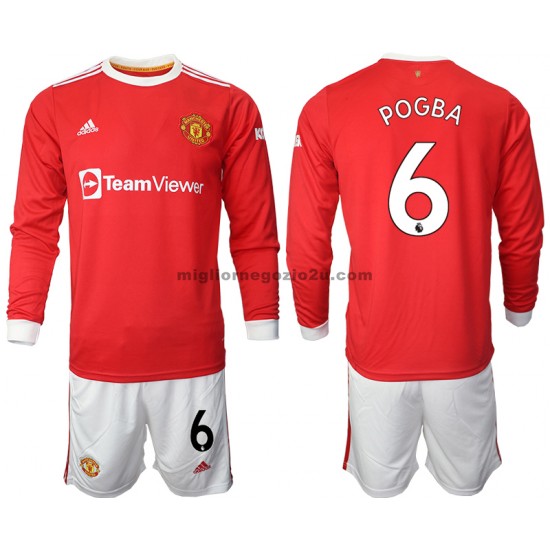 Maglia Manchester United Paul Pogba 6 Bambino Casa Divisa 2021-2022 Manica Lunga