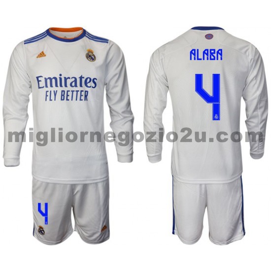 Maglia Real Madrid Alaba 4 Bambino Casa Divisa 2021-2022 Manica Lunga