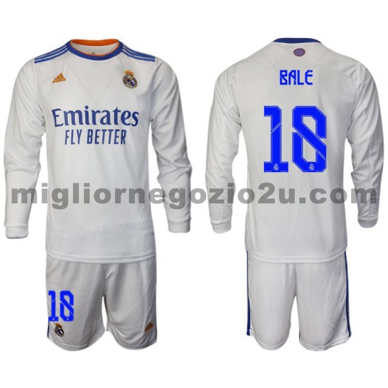 Maglia Real Madrid Bale 18 Bambino Casa Divisa 2021-2022 Manica Lunga