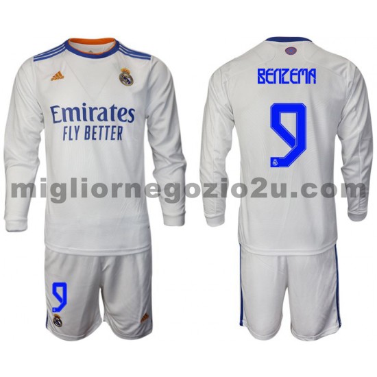 Maglia Real Madrid Benzema 9 Bambino Casa Divisa 2021-2022 Manica Lunga