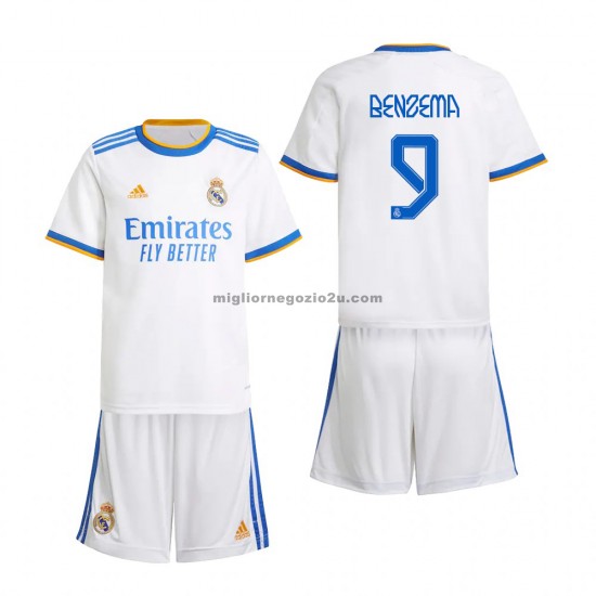Maglia Real Madrid Karim Benzema 9 Bambino Casa Divisa 2021-2022 Manica Corta