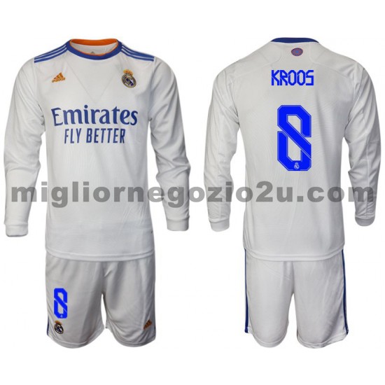 Maglia Real Madrid Kroos 8 Bambino Casa Divisa 2021-2022 Manica Lunga