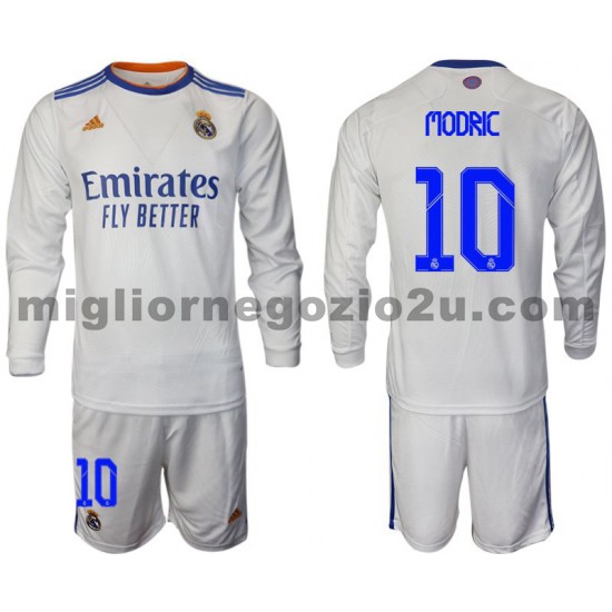 Maglia Real Madrid Modric 10 Bambino Casa Divisa 2021-2022 Manica Lunga