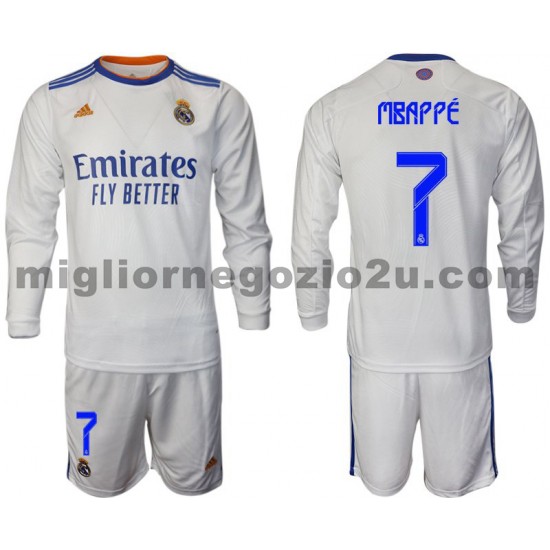 Maglia Real Madrid Mbappé 7 Bambino Casa Divisa 2021-2022 Manica Lunga