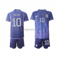 Maglia Argentina Lionel Messi 10 Bambino Trasferta Divisa Mondiali 2022 Manica Corta