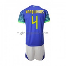 Maglia Brasile Marquinhos 4 Bambino Trasferta Divisa Mondiali 2022 Manica Corta