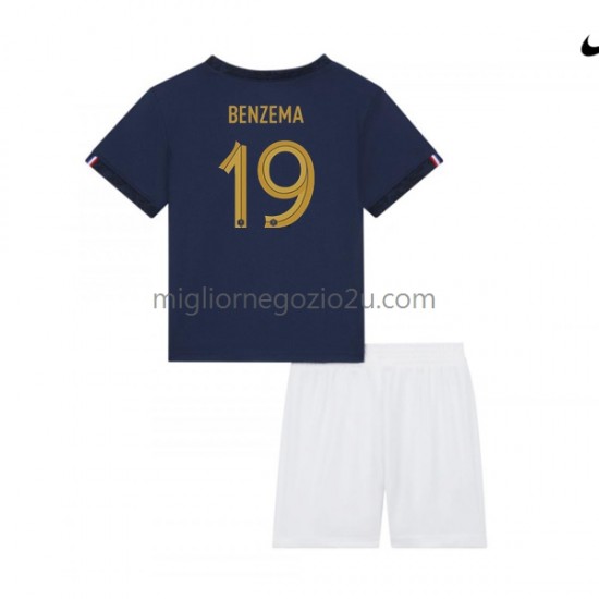 Maglia Francia Benzema 19 Bambino Casa Divisa Mondiali 2022 Manica Corta